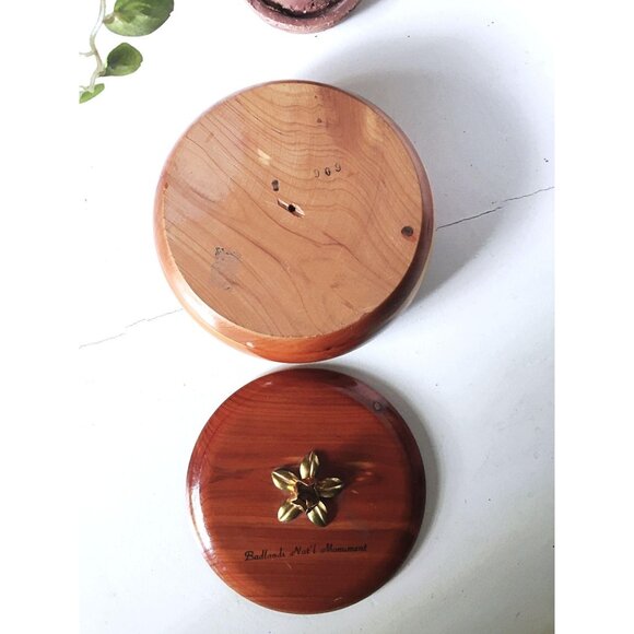 Handcrafted Cedar Wood Bowl With Brass Flower Lid From Badlands Natl Monument - Picture 8 of 11